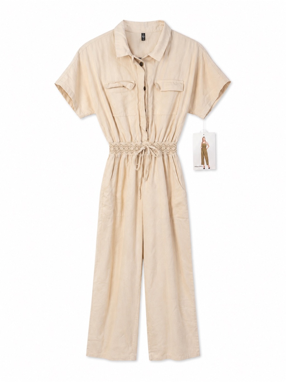 Cabbage & Lace NWT Beige Cotton Utility Jumpsuit Short Sleeve Romper Medium